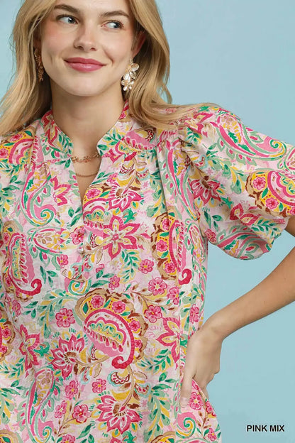 Umgee Paisley Floral Puff Sleeve Shift Dress