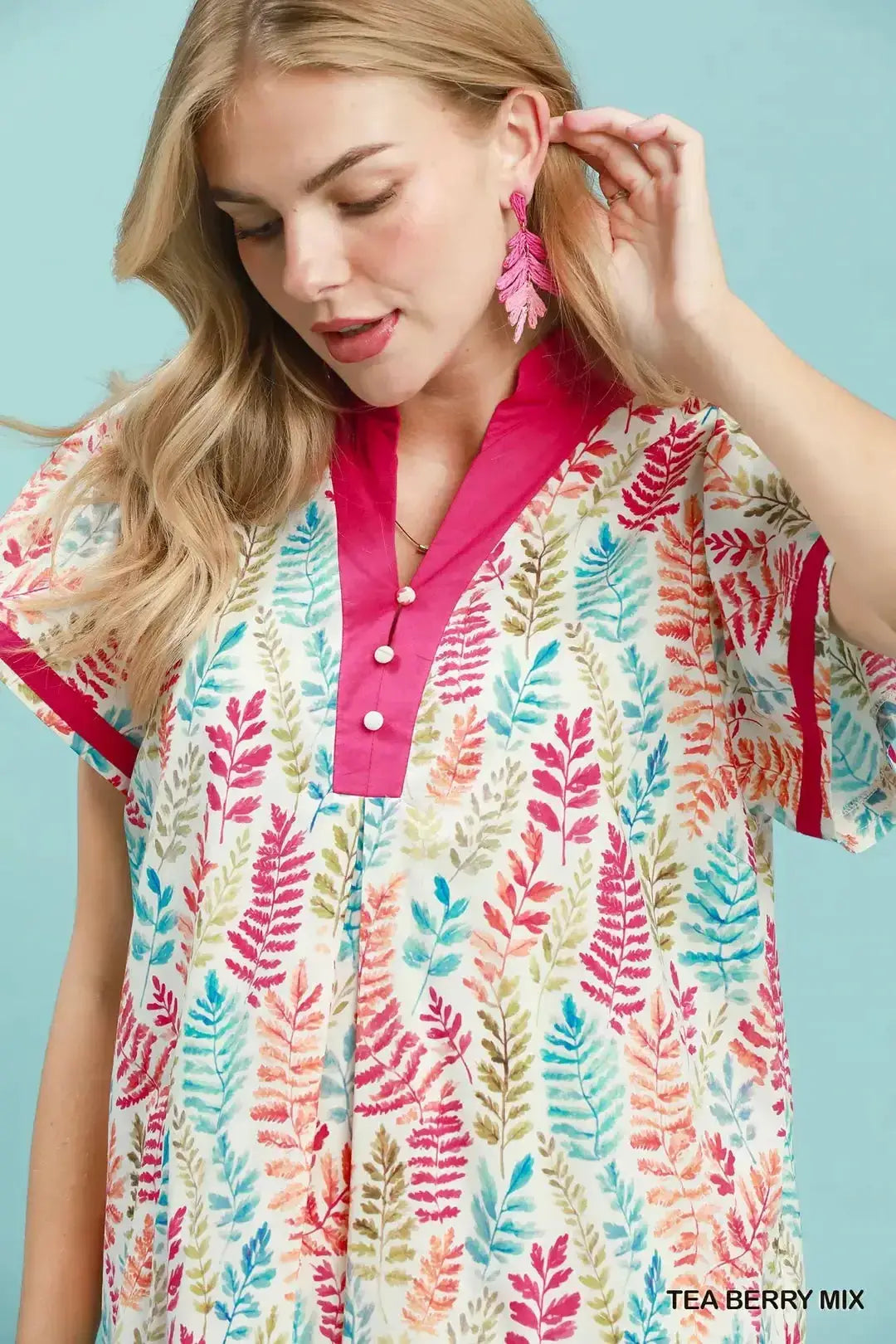 Umgee Leaf Print Flutter Sleeve Tiered Mini Dress