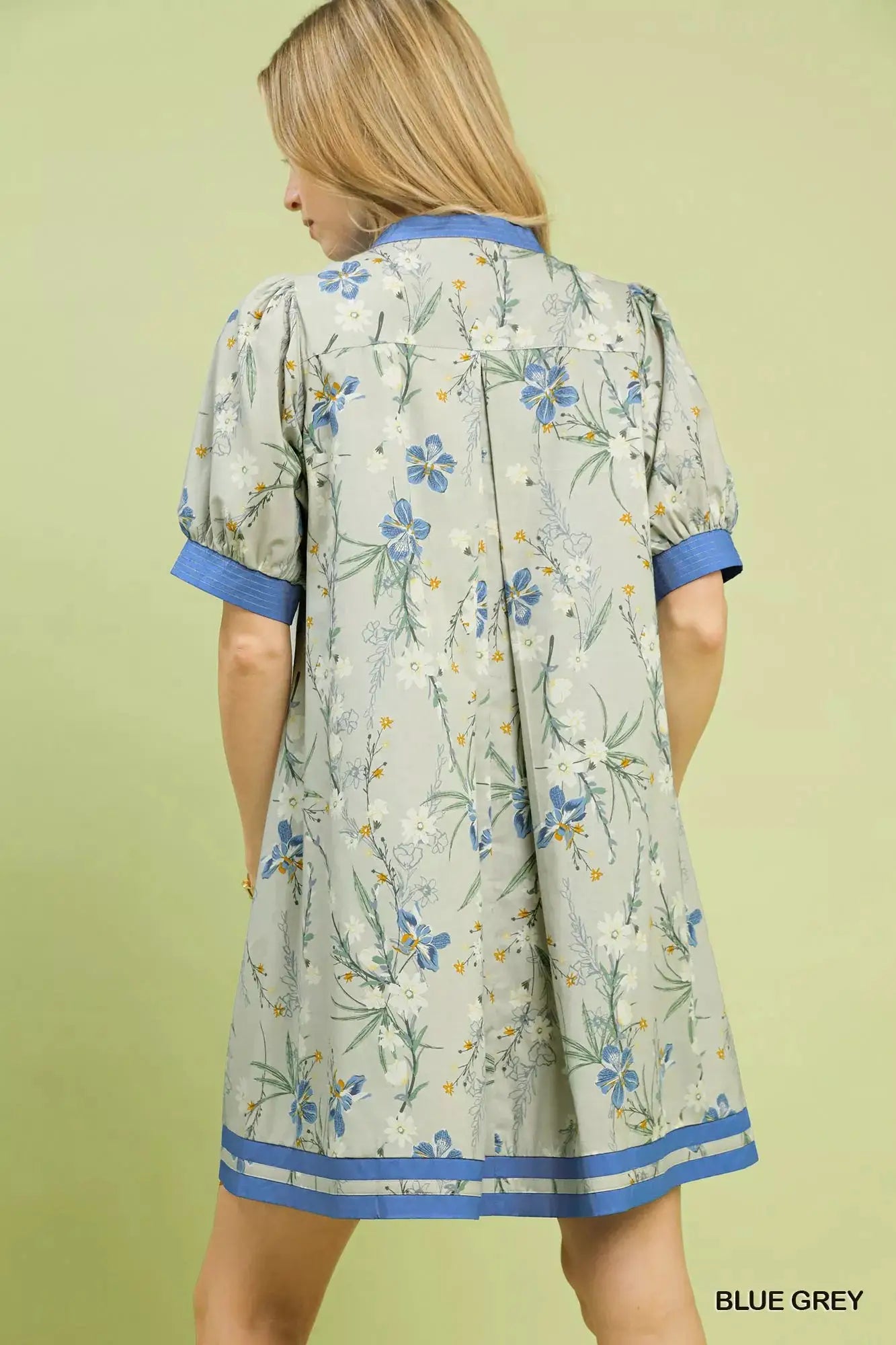 Umgee Floral Puff Sleeve Dress with Contrast Trim