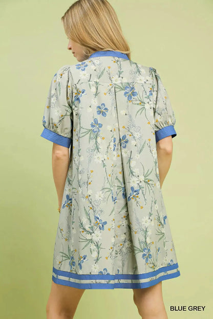 Umgee Floral Puff Sleeve Dress with Contrast Trim