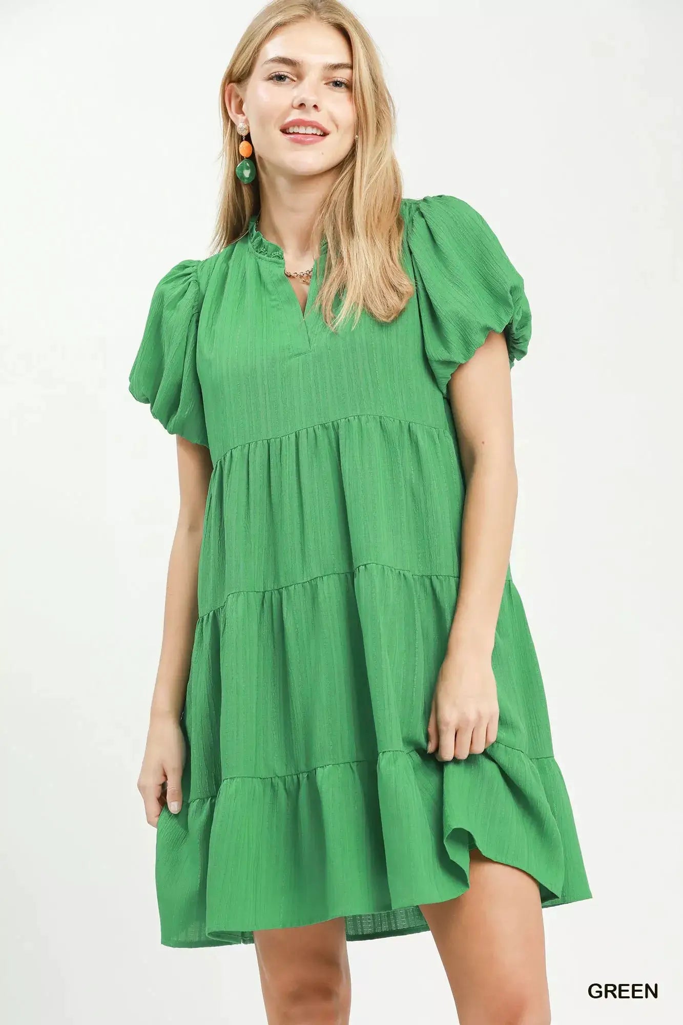 Umgee Puff Sleeve Tiered Babydoll Dress