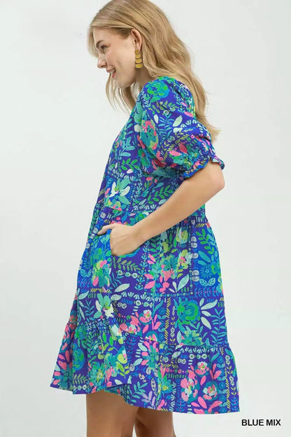 Umgee Mix Botanical Print Puff Sleeve Tiered Dress