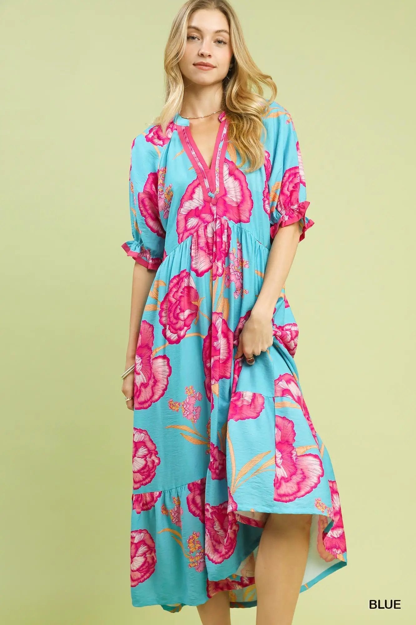 Umgee Floral Print Midi Dress with Contrast Trim