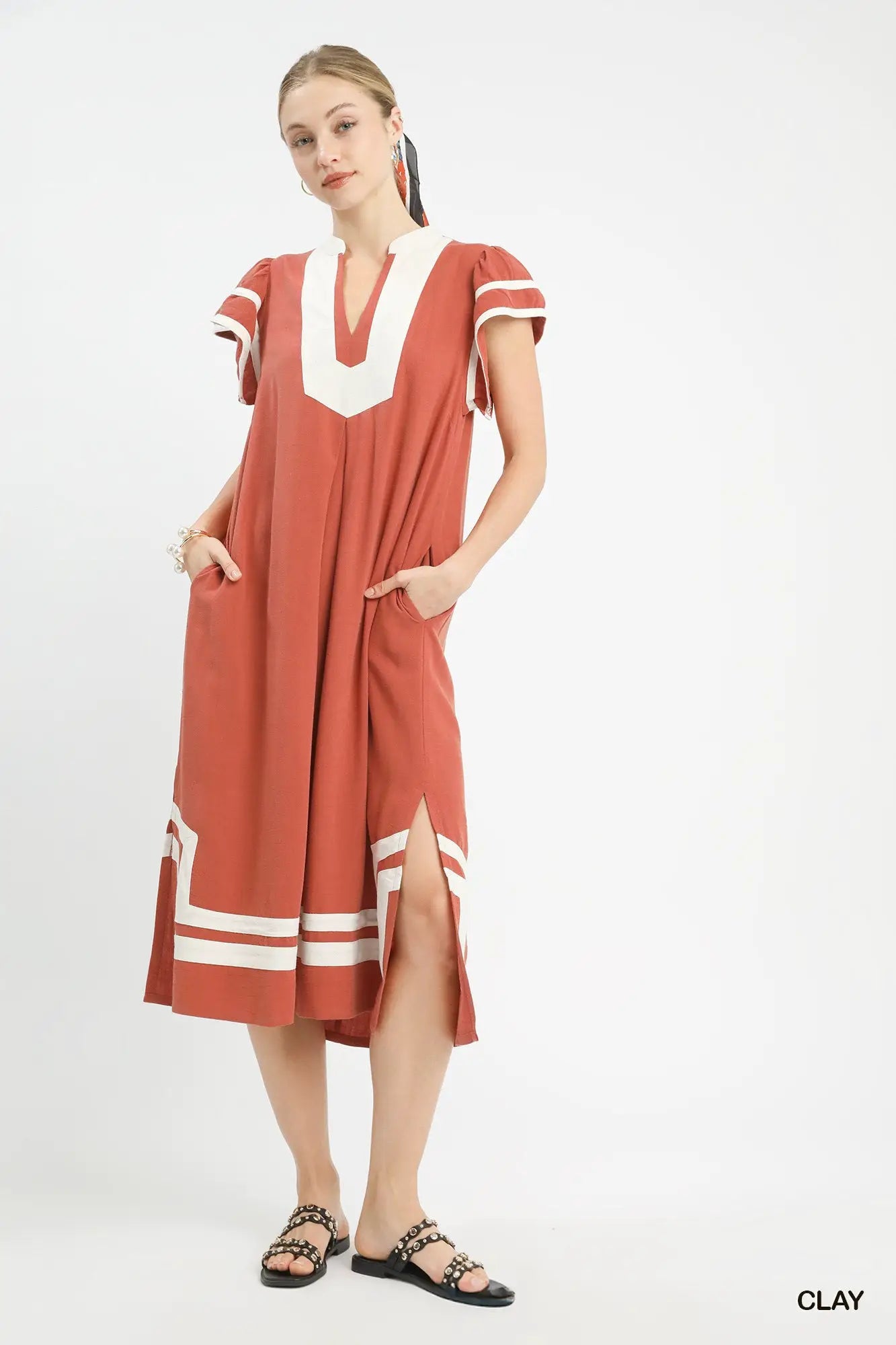 Umgee Linen Cotton Contrast Neckline Midi Dress