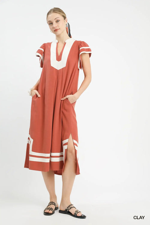 Umgee Linen Cotton Contrast Neckline Midi Dress