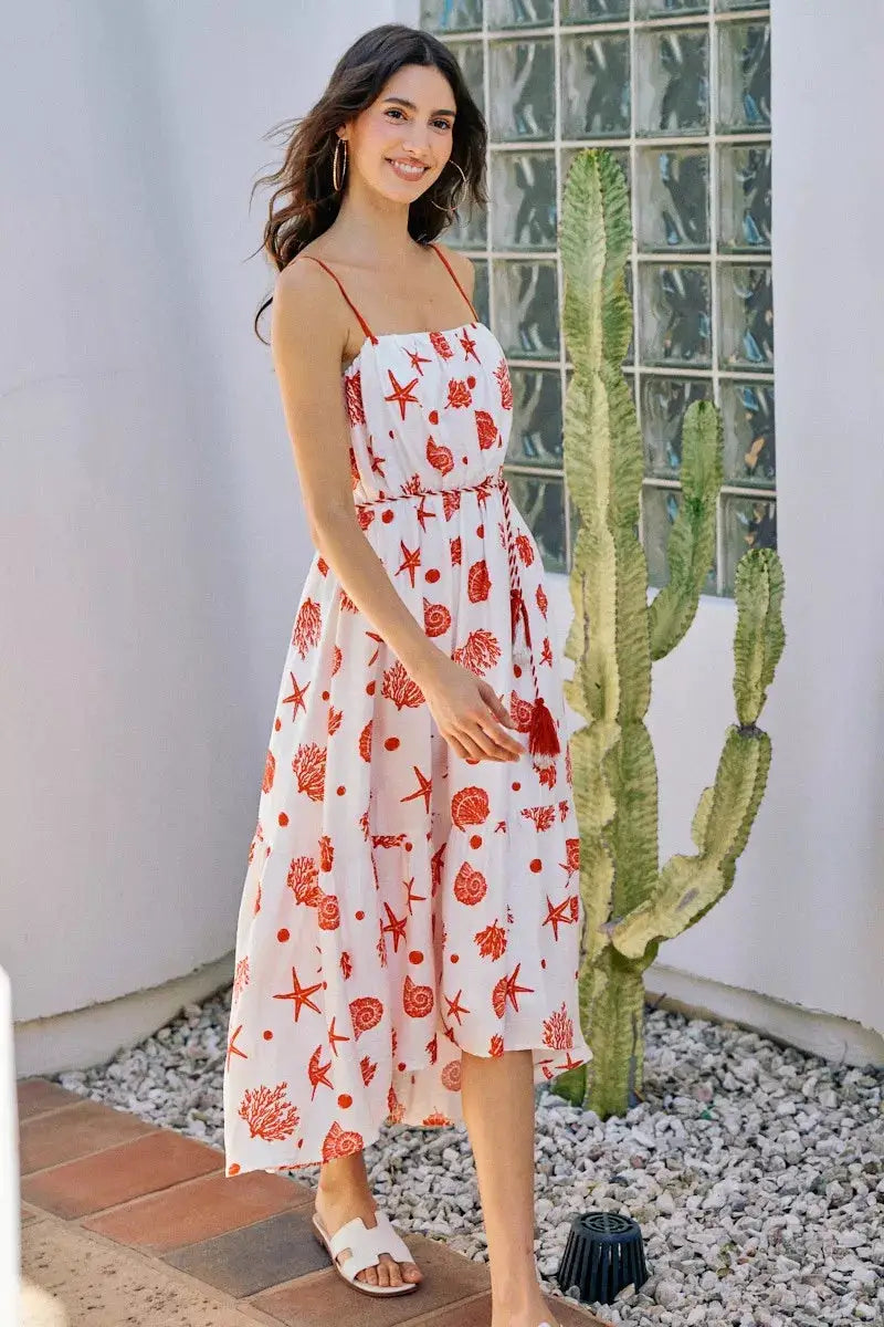 SO ME Shell Print Tiered Lined Midi Cami Dress With Belt