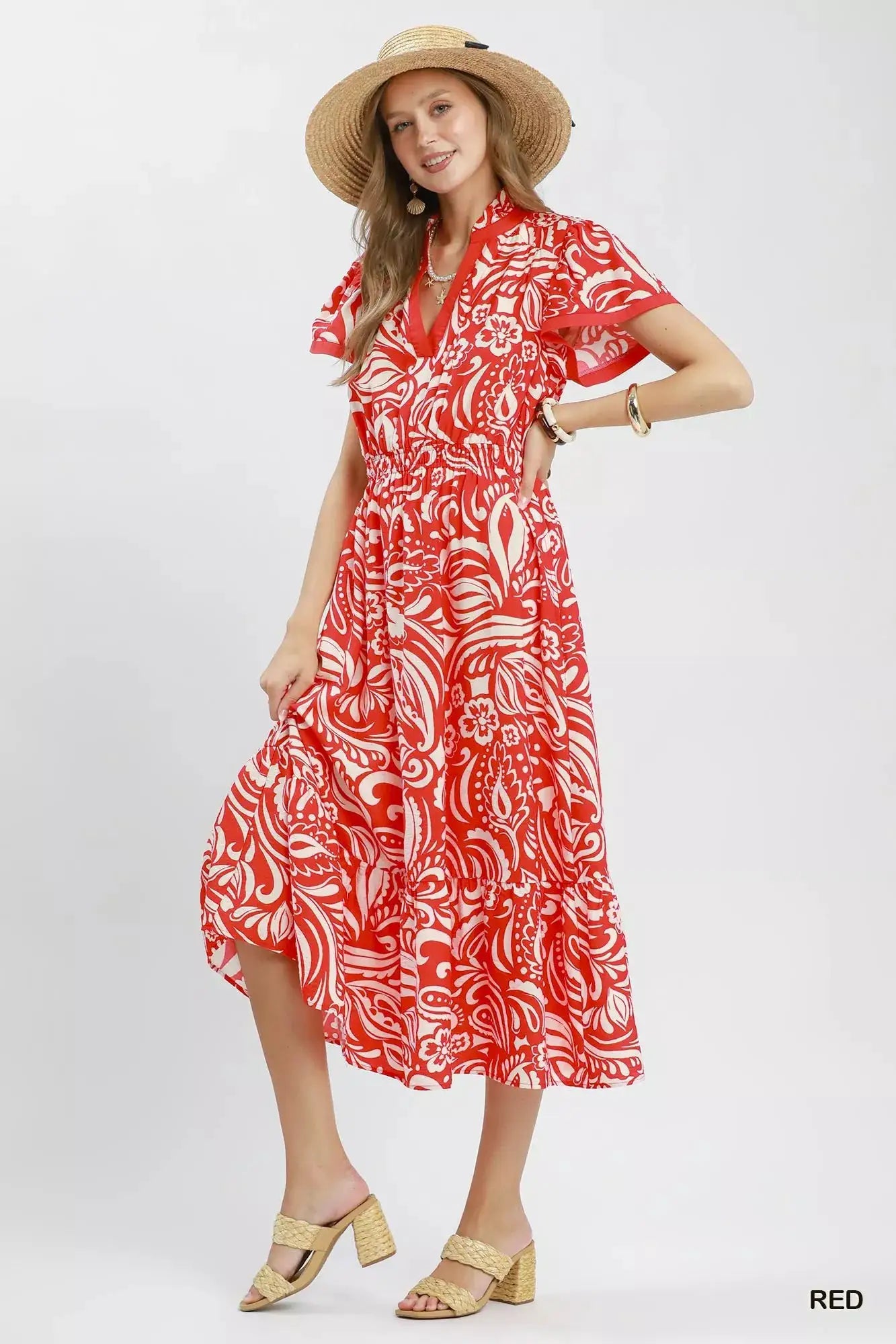 Umgee Paisley Print Midi Dress with Side Pockets