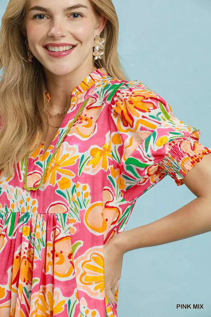 Umgee Floral Print Puff Sleeve Tiered Midi Dress
