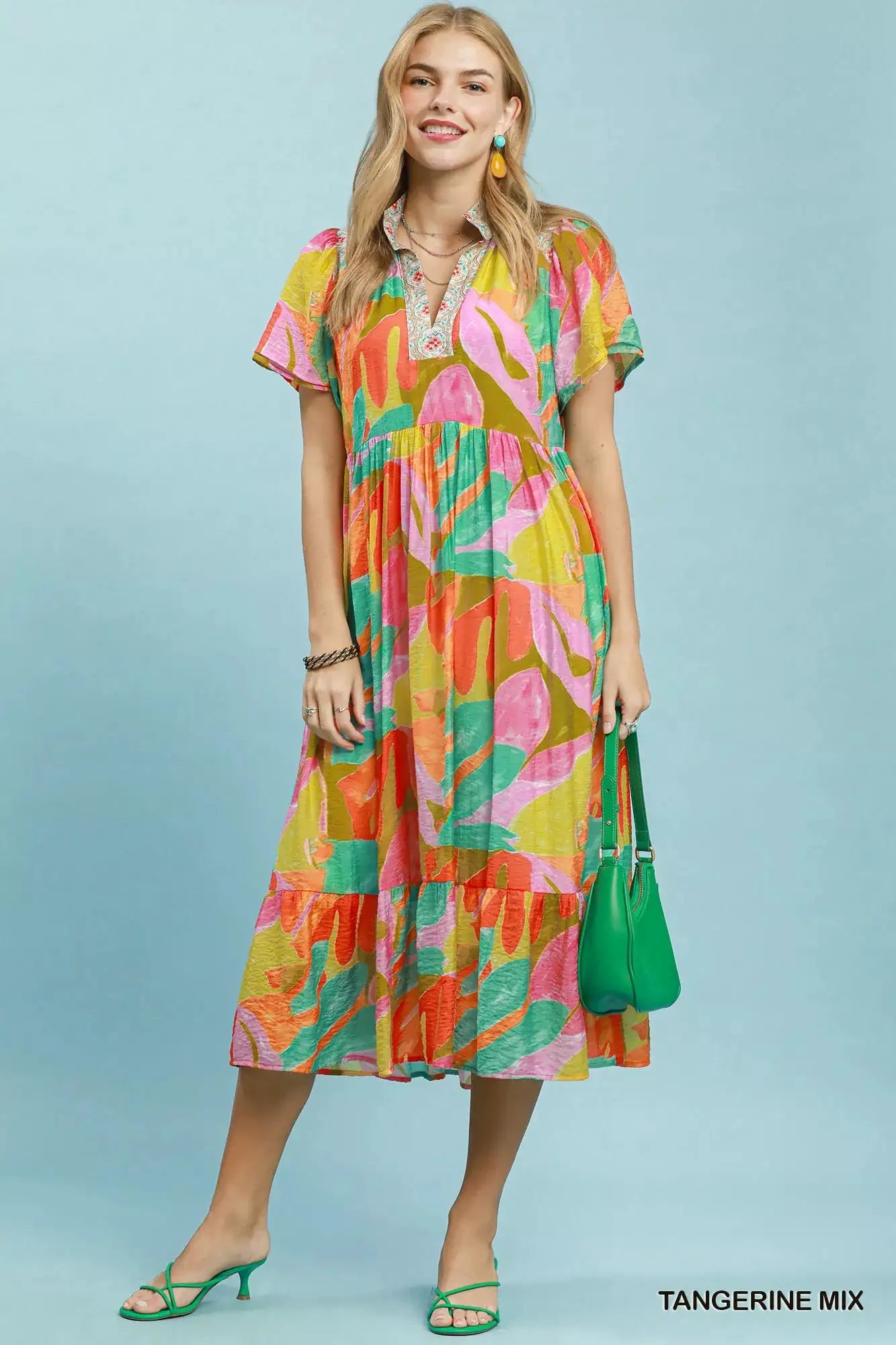 Umgee Abstract Tropical Print Tiered Midi Dress