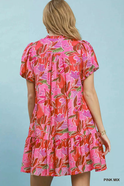 Umgee Tropical Floral Puff Sleeve Tiered Mini Dress