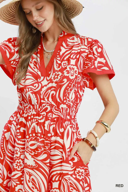 Umgee Paisley Print Midi Dress with Side Pockets