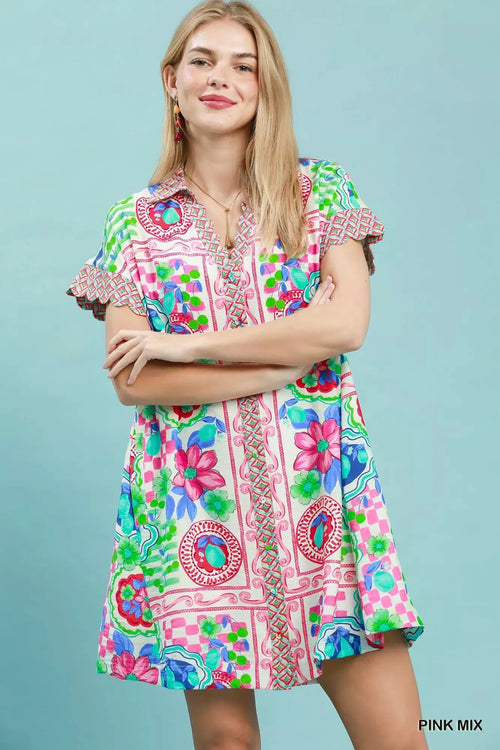Umgee Mediterranean Print Dress with Contrast Printed Trim