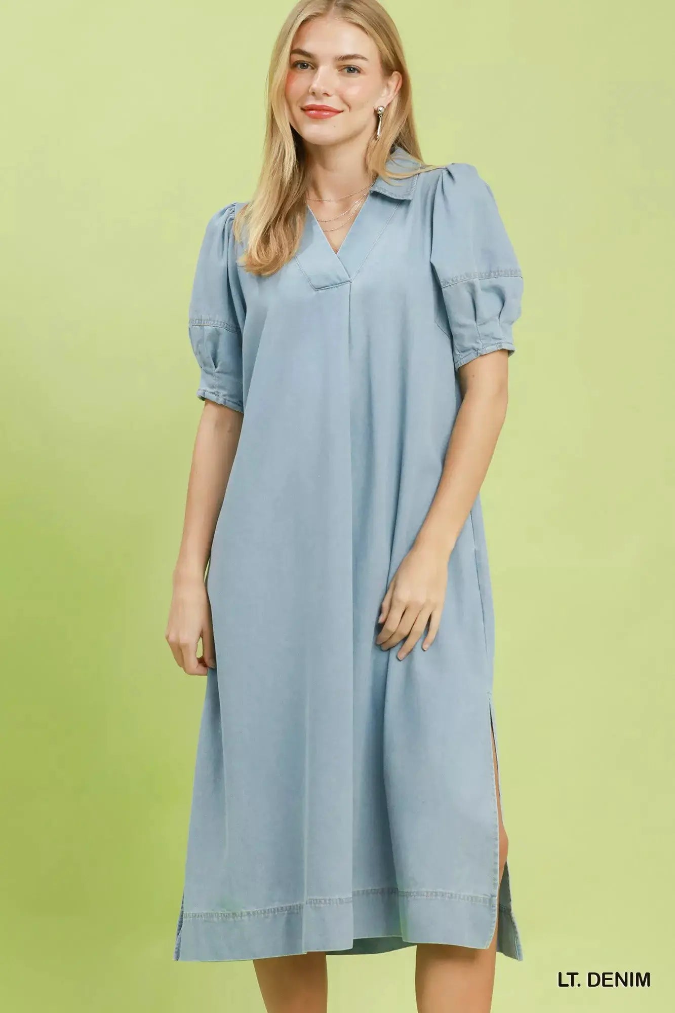 Umgee Chambray Collared Puff Sleeve Dress