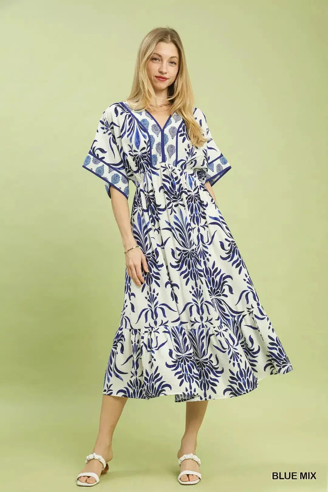 Umgee Mix Floral Border Midi Dress with Pockets