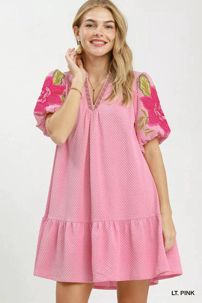 Umgee Floral Embroidered Textured Jacquard Dress