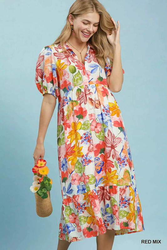 Umgee Watercolor Floral Tiered Midi Dress