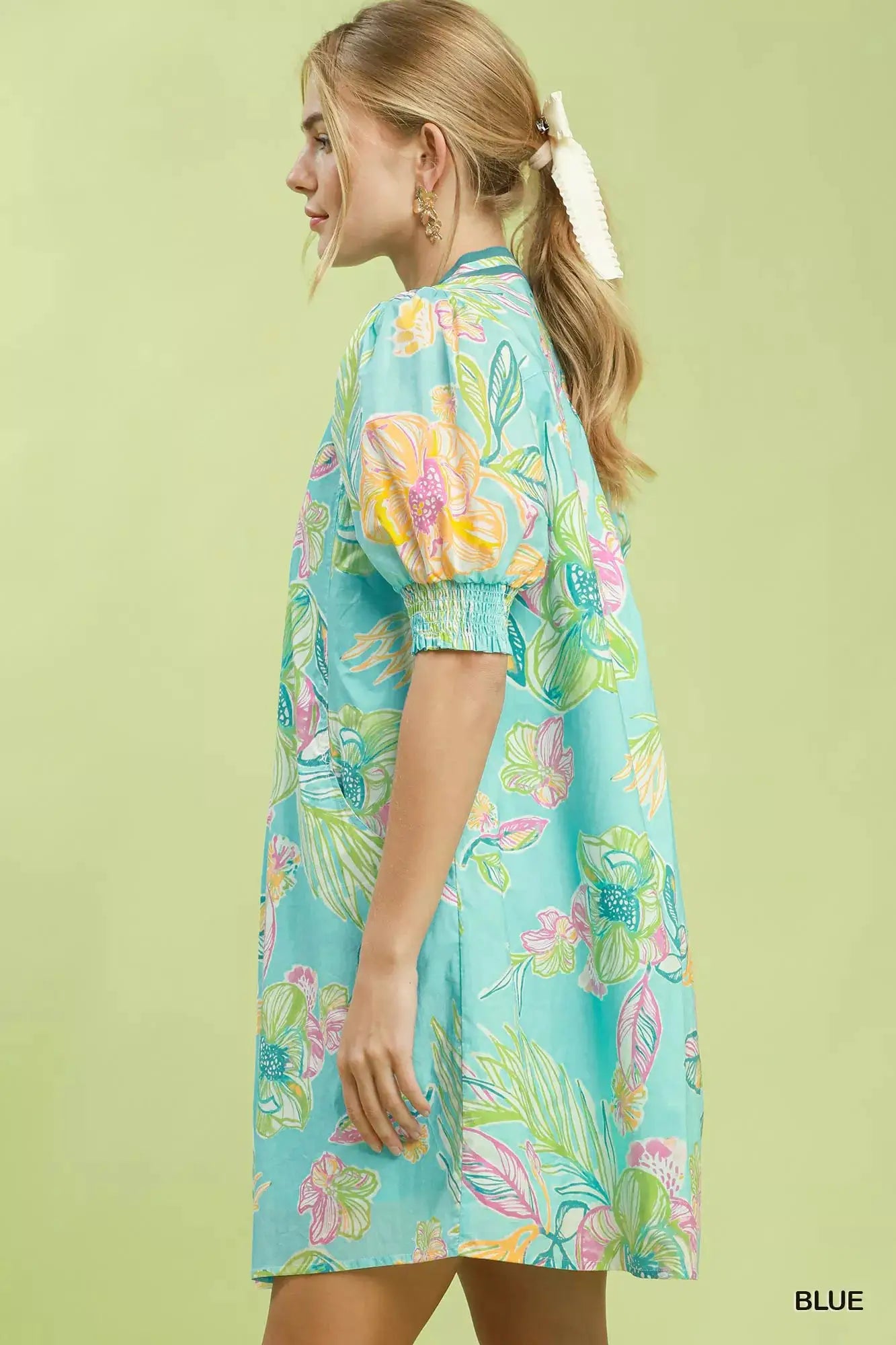 Umgee Botanical Print Dress with Smocked Cuffs