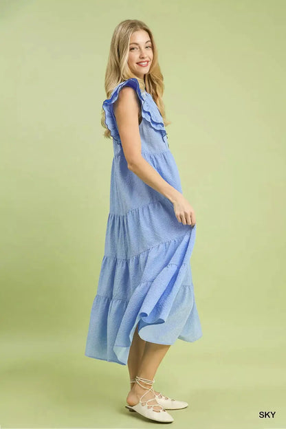 Umgee Seersucker Ruffle Sleeve Tiered Midi Dress