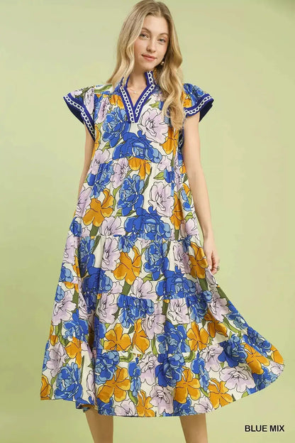 Umgee Mix Bold Floral Tiered Midi Dress