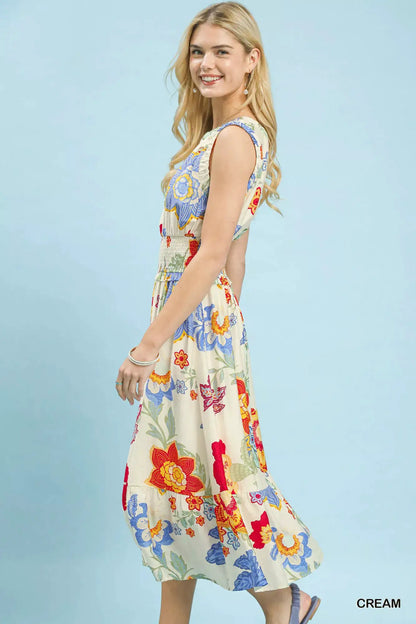 Umgee Floral Smocked Midi Dress