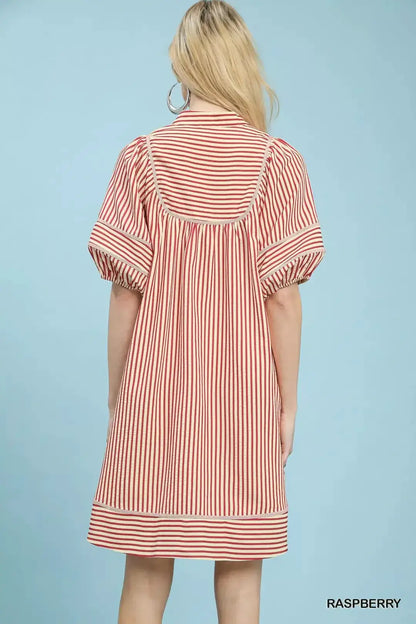 Umgee Striped Puff Sleeve Shift Dress