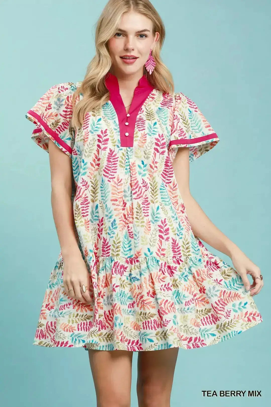 Umgee Leaf Print Flutter Sleeve Tiered Mini Dress