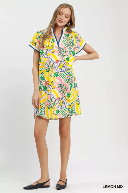 Umgee Tropical Print Collared Shift Dress