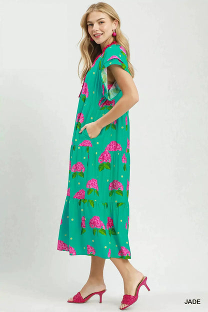 Umgee Hydrangea Print Tiered Midi Dress
