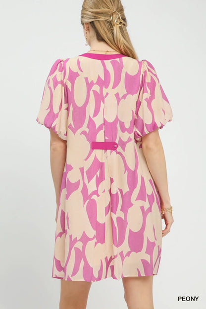 Umgee Abstract Print Puff Sleeve Shift Dress