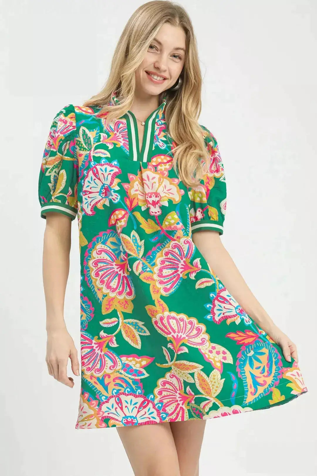 Umgee Jacquard Paisley Print Puff Sleeve Tunic Dress