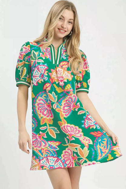 Umgee Jacquard Paisley Print Puff Sleeve Tunic Dress
