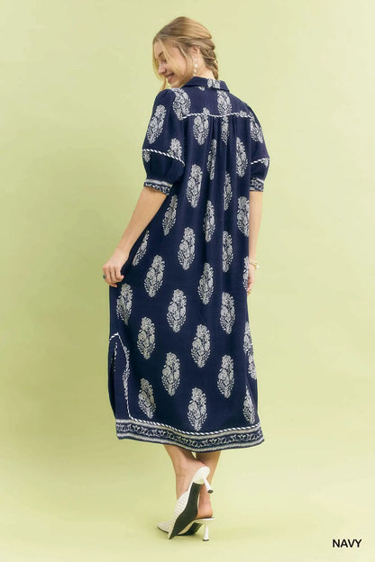 Umgee Border Print Collared Midi Dress