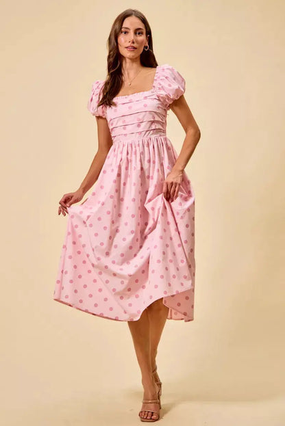 SO ME Polka Cotton Print Short Sleeves Midi Dress