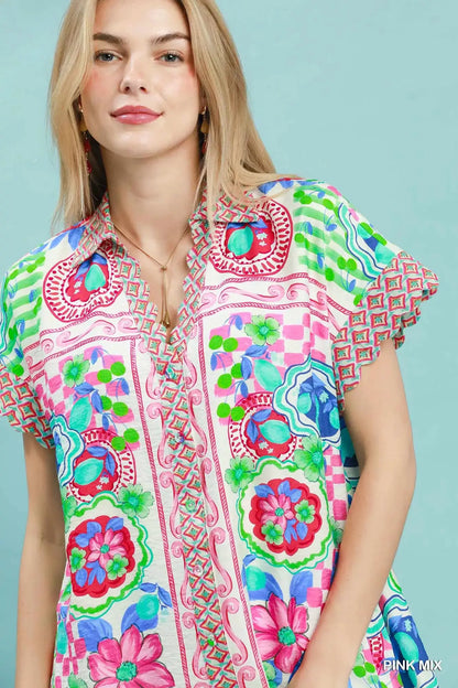 Umgee Mediterranean Print Dress with Contrast Printed Trim