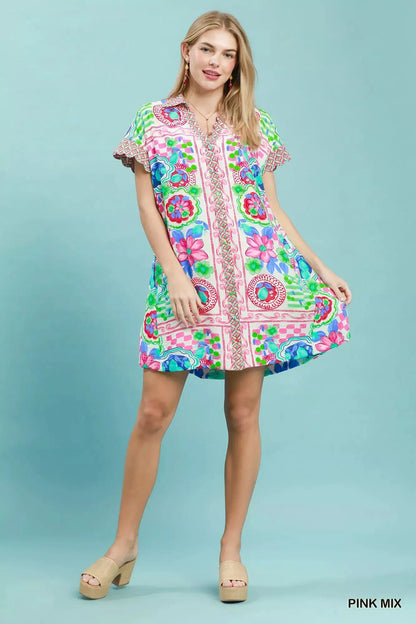 Umgee Mediterranean Print Dress with Contrast Printed Trim