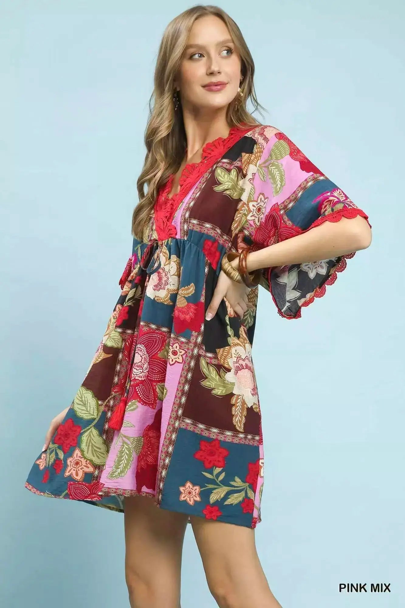 Umgee Abstract Print V-Neck Mini Dress