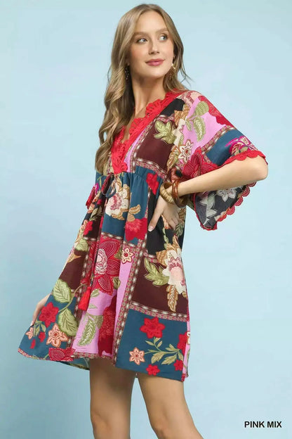 Umgee Abstract Print V-Neck Mini Dress