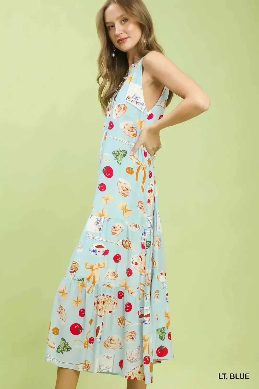 Umgee Abstract Print Tiered Halter Midi Dress