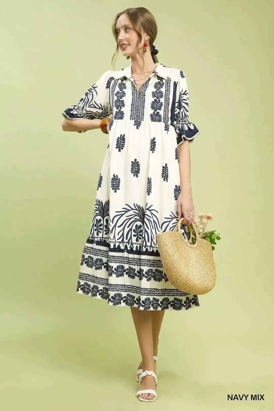 Umgee Border Print Midi Dress with Puff Sleeves