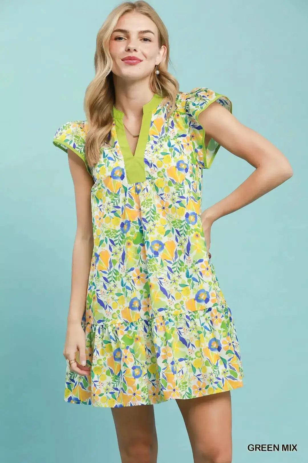 Umgee Floral Flutter Sleeve Tiered Mini Dress