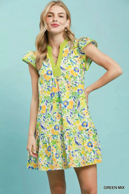 Umgee Floral Flutter Sleeve Tiered Mini Dress