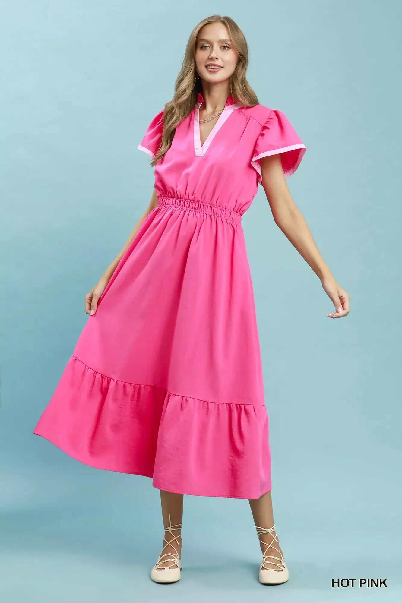 Umgee Contrast Trim Midi Dress with Tiered Ruffle Hem