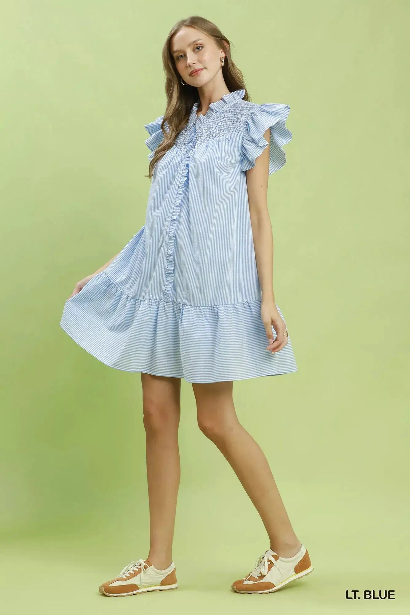 Umgee Stripe Smocked Yoke Ruffle Dress