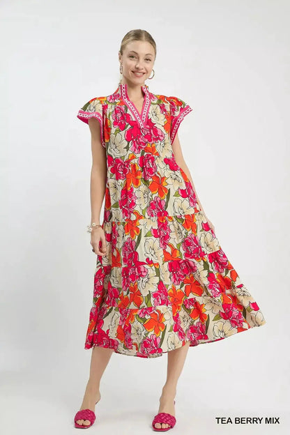 Umgee Mix Bold Floral Tiered Midi Dress
