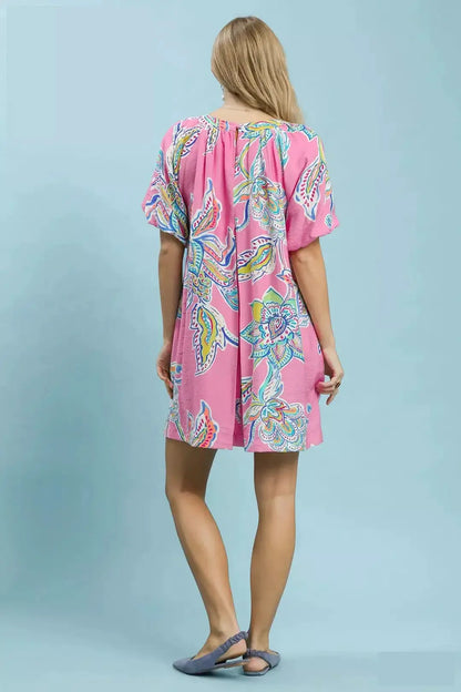 Umgee Boho Floral Print Mini Dress with Pockets