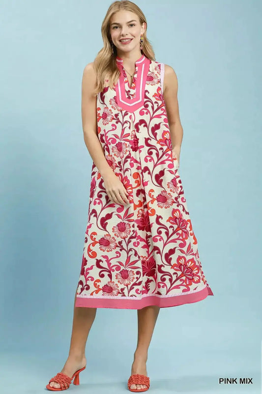 Umgee Floral Scroll Sleeveless Midi Dress