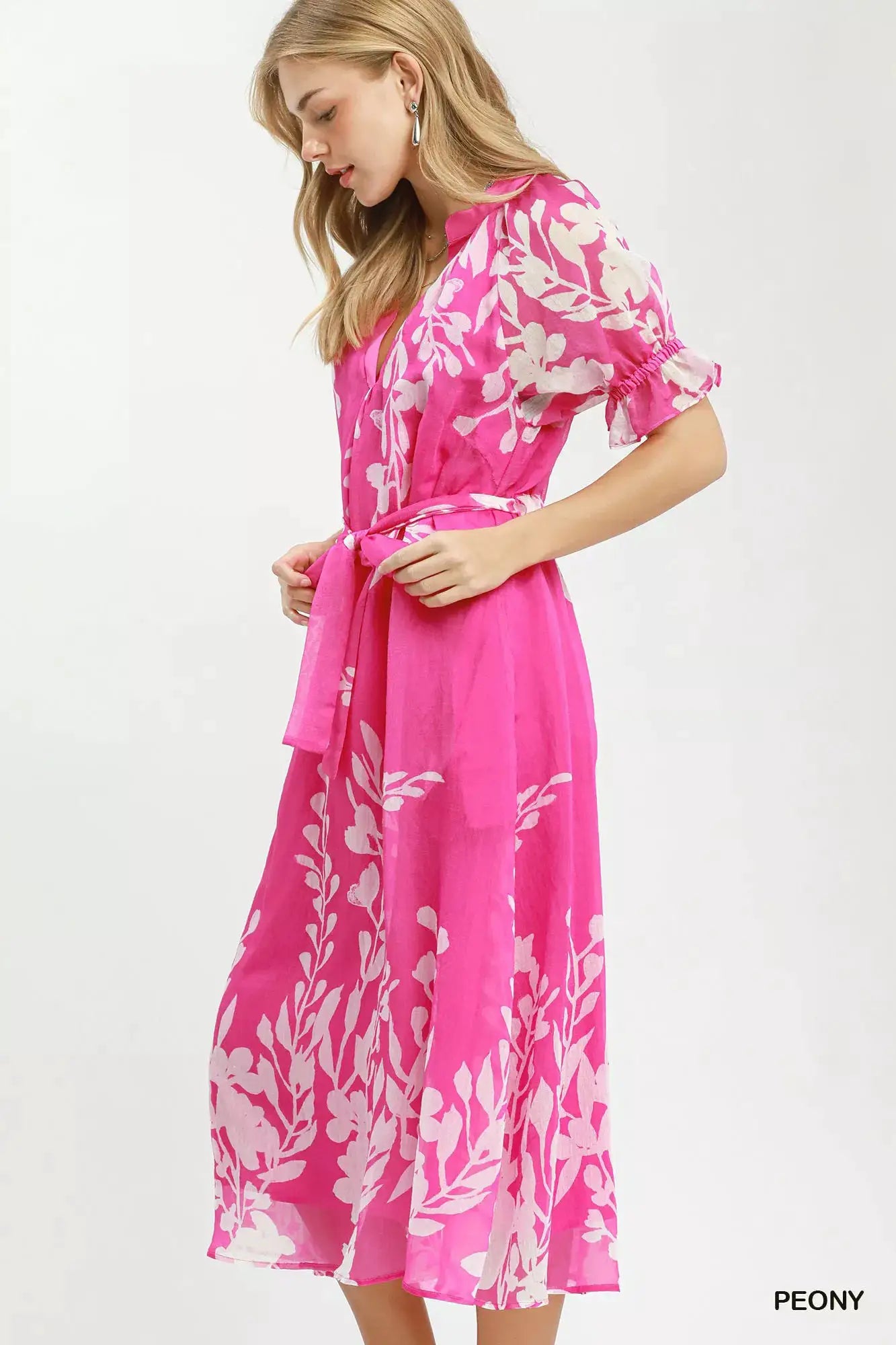 Umgee Floral Print Tie Waist Midi Dress with Side Pockets