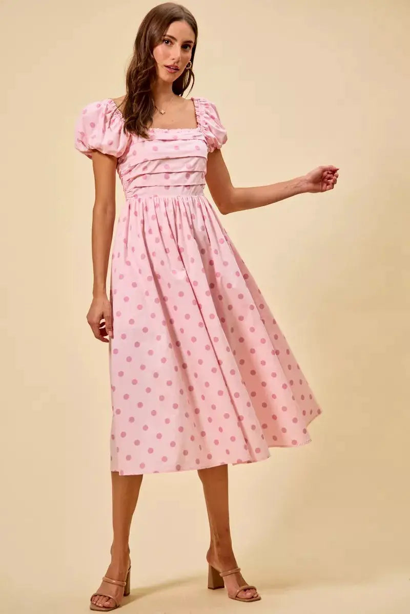 SO ME Polka Cotton Print Short Sleeves Midi Dress