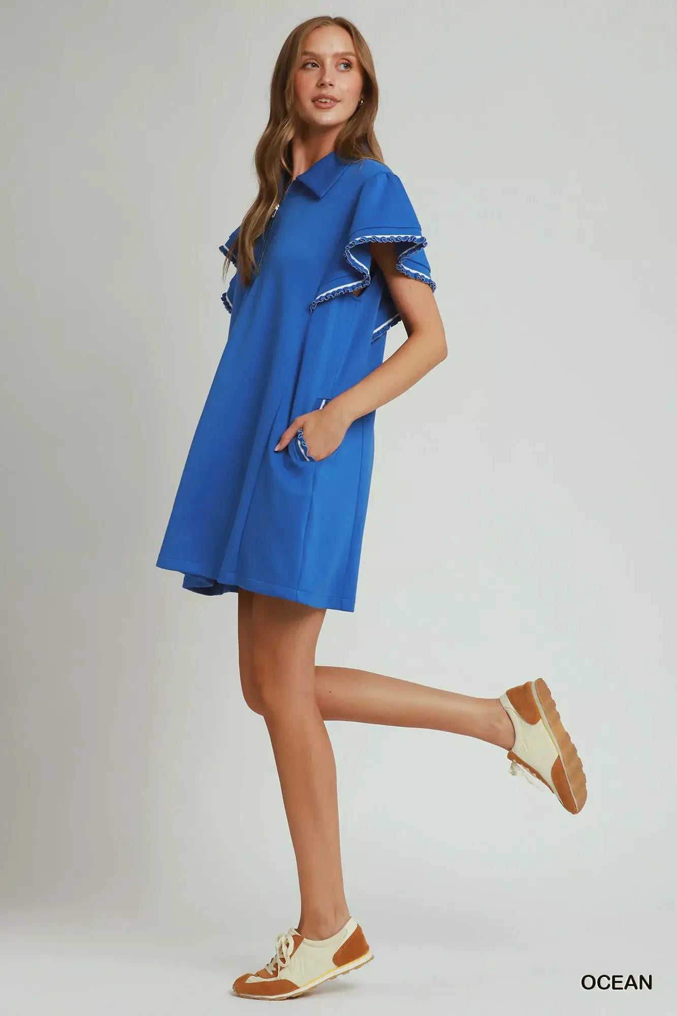 Umgee Half Zip Ruffle Rib Band Butterfy Sleeve Mini Dress with Pockets