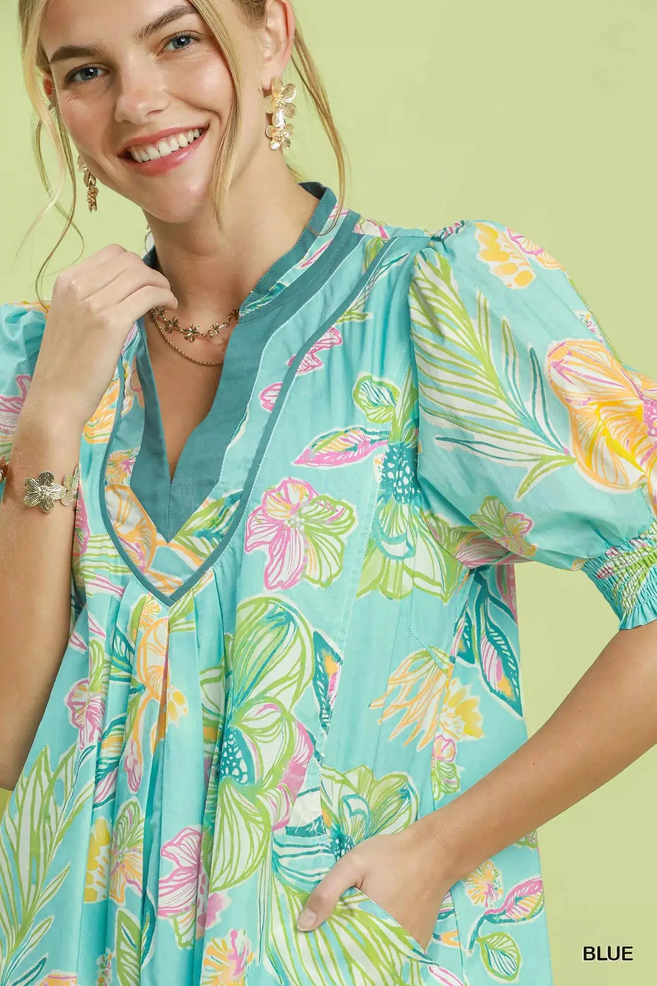Umgee Botanical Print Dress with Smocked Cuffs